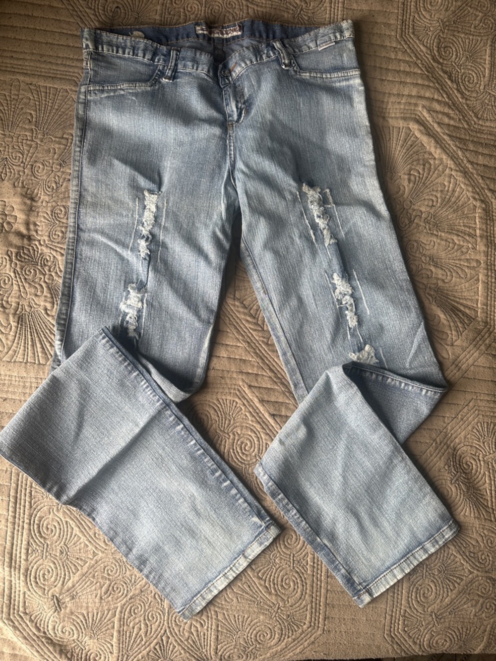 Black Light Blue Flare Jeans with Distressed Knees
